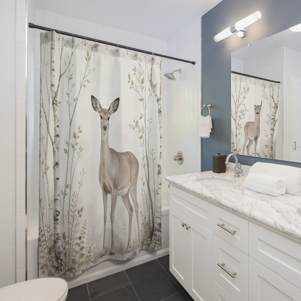 Graceful doe framed by airy birch saplings shower curtain beside a white vanity