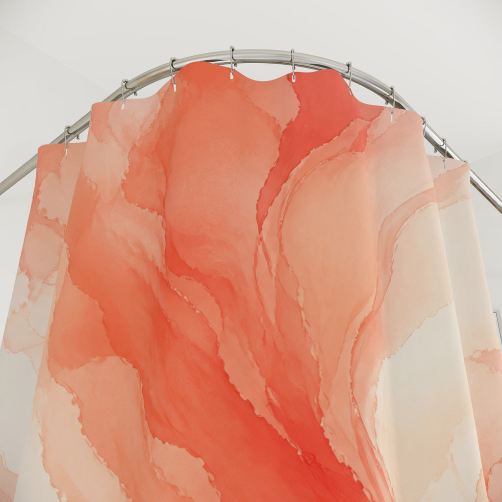 Flowing coral watercolor plumes on warm cream shower curtain with close-up print, hooks, and folds