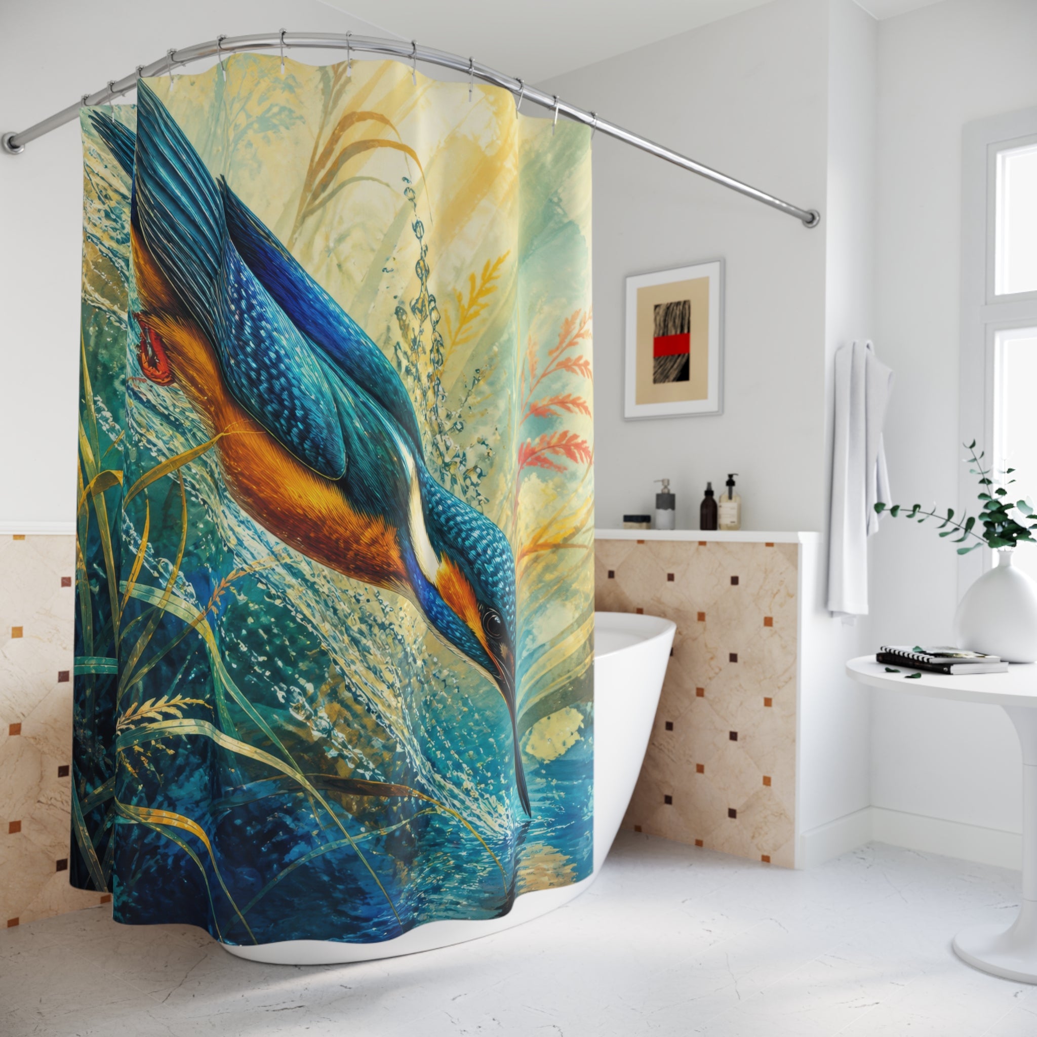 Jewel toned kingfisher diving through sapphire river reeds shower curtain styled beside a freestanding tub