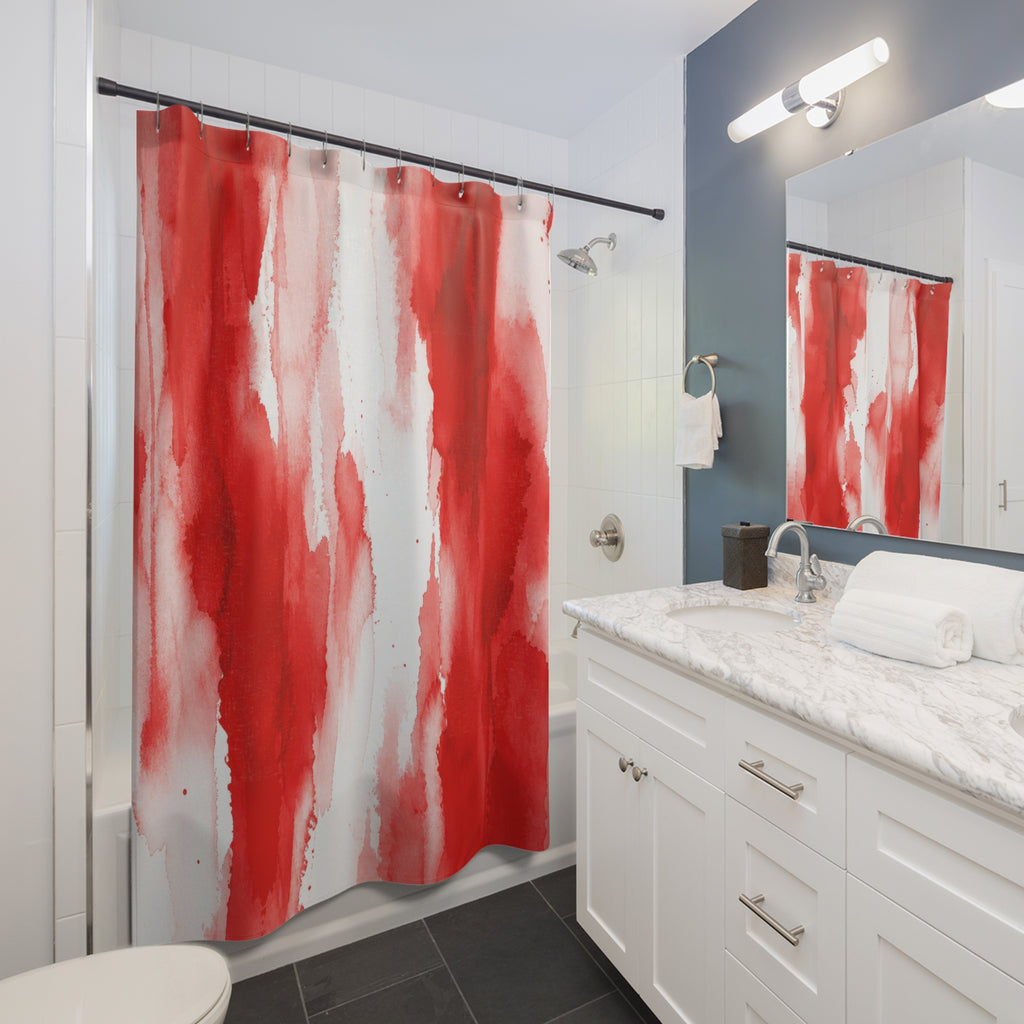 Abstract Shower Curtain, Red and White Watercolor Stripe Art, Painterly Modern Bath Decor, Soft Bold Guest Bathroom Accent, Art Bath Style