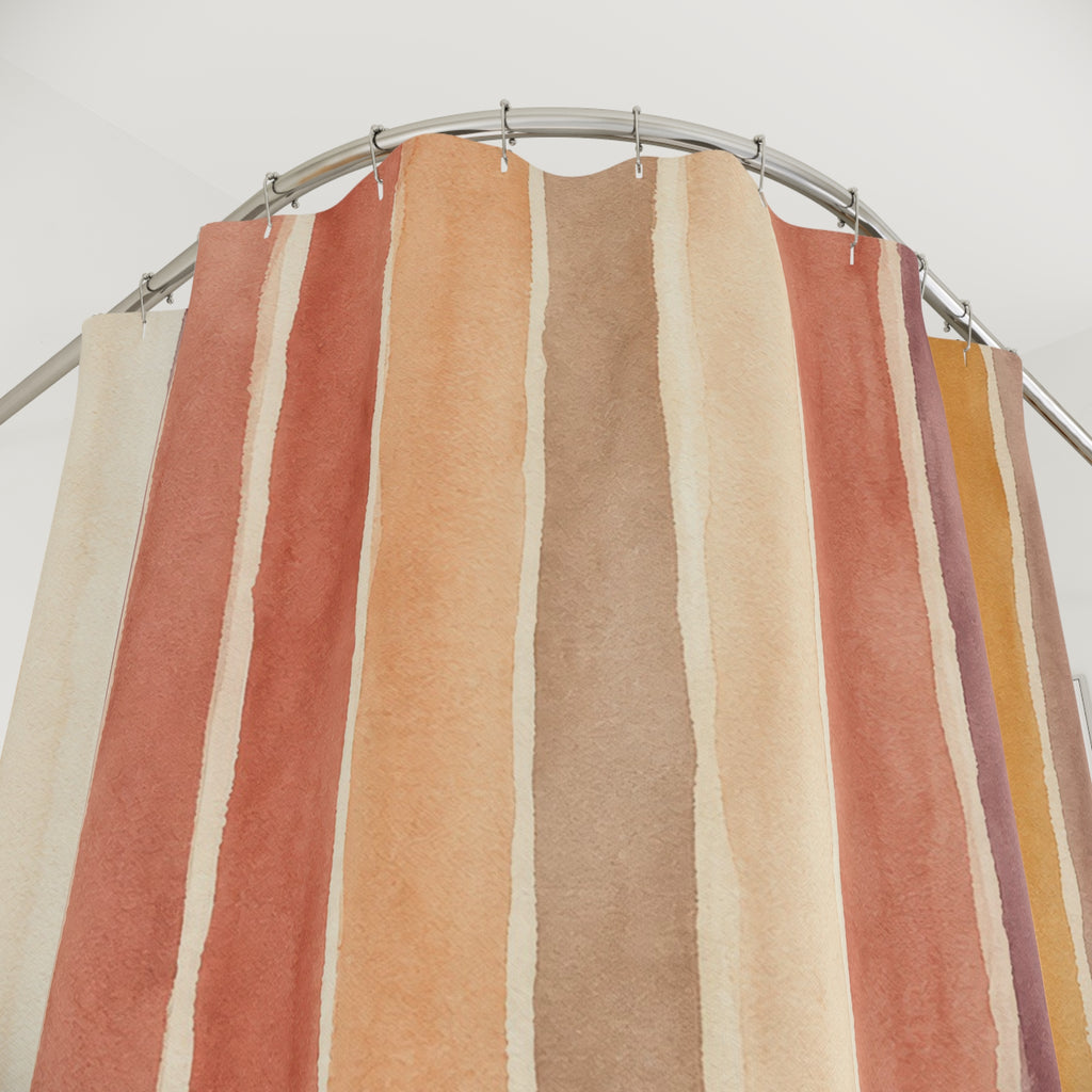 Sage Blue Rust Mustard Vertical Stripe Shower Curtain