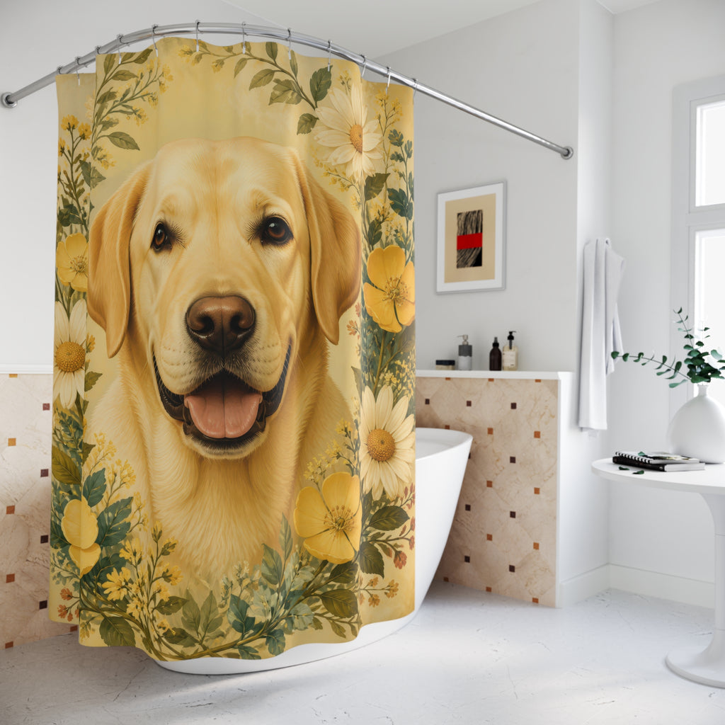 Yellow Labrador portrait framed by cream daisies shower curtain beside a freestanding tub