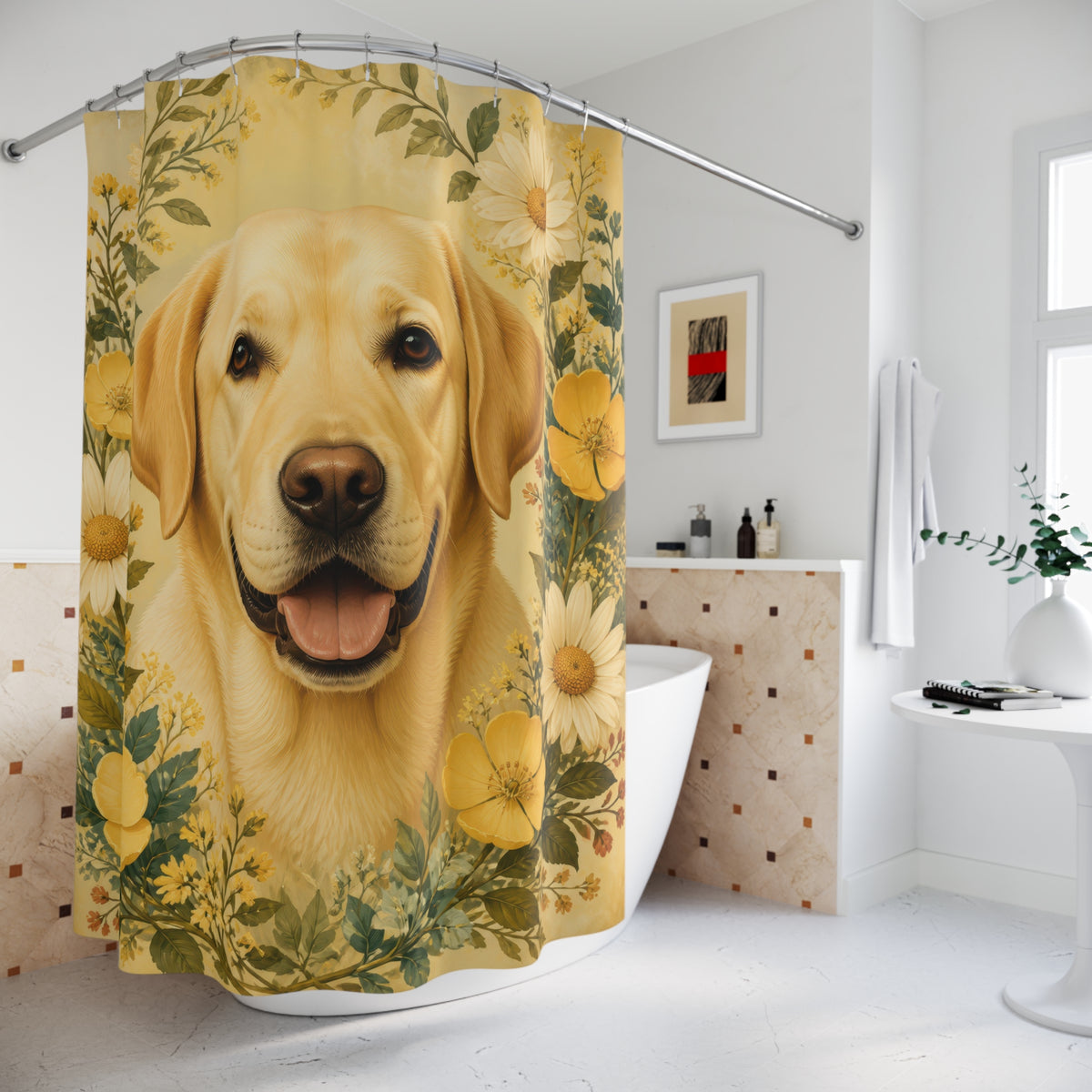 Yellow Labrador portrait framed by cream daisies shower curtain beside a freestanding tub