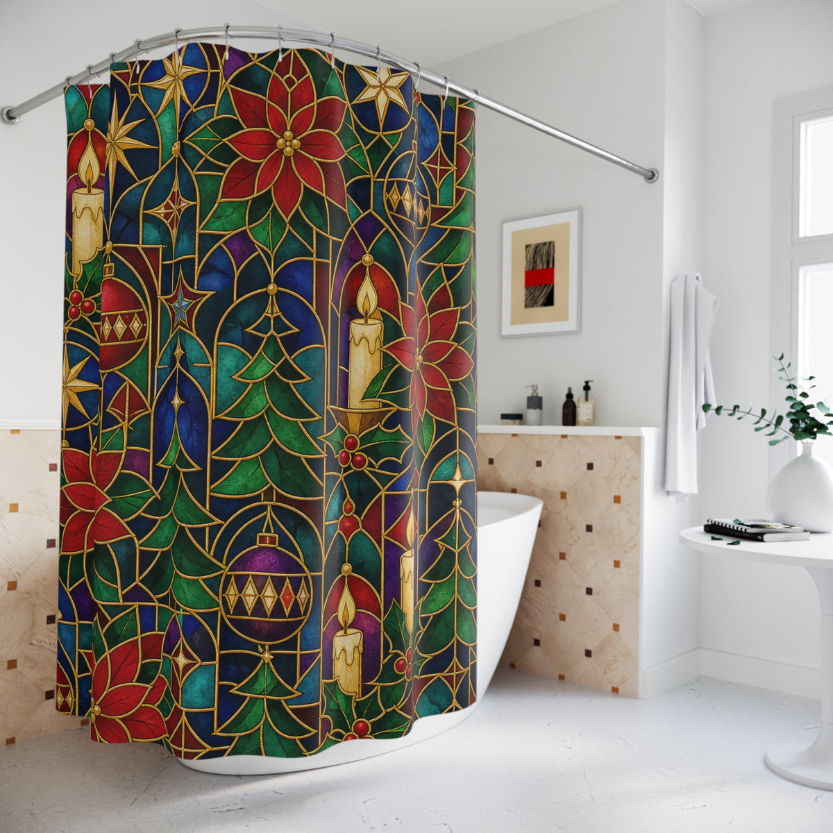 Stained Glass Ornament christmas pattern shower curtain beside a freestanding tub