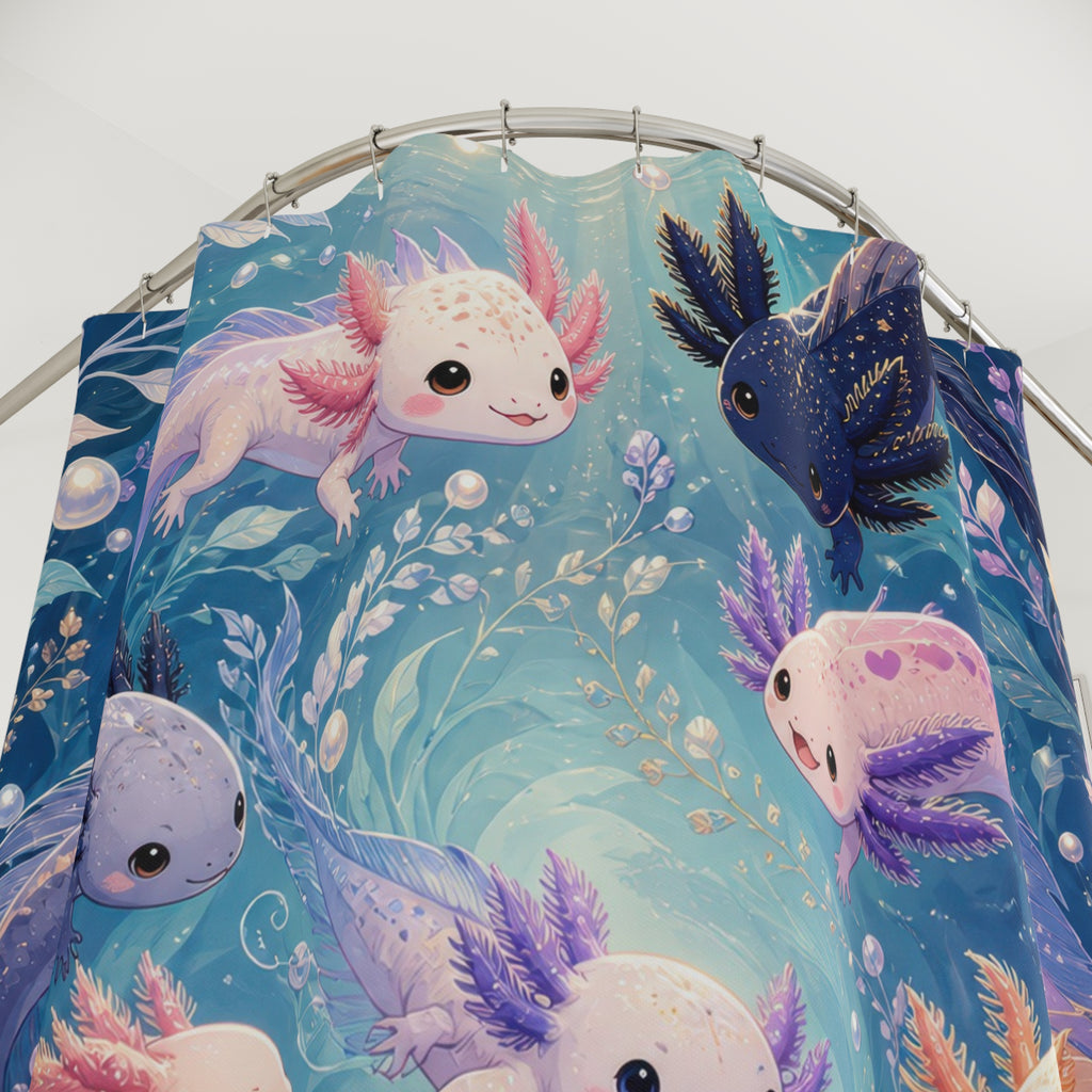 Close-up of Pastel axolotls swimming in a sparkling aqua and lilac spiral shower curtain with hooks and folds