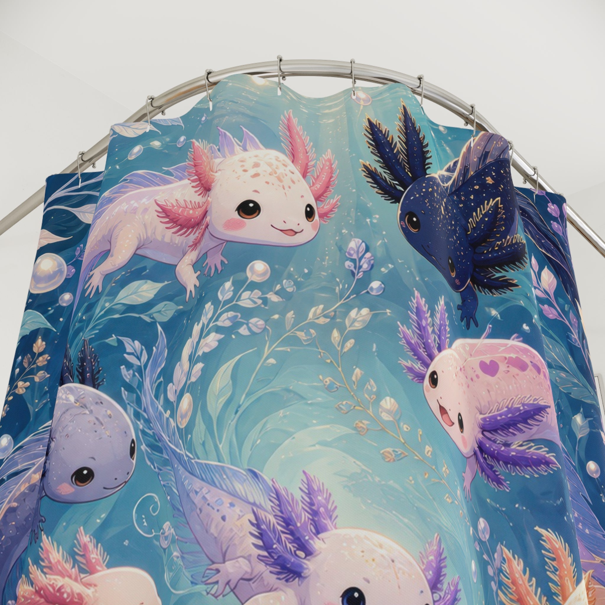 Close-up of Pastel axolotls swimming in a sparkling aqua and lilac spiral shower curtain with hooks and folds