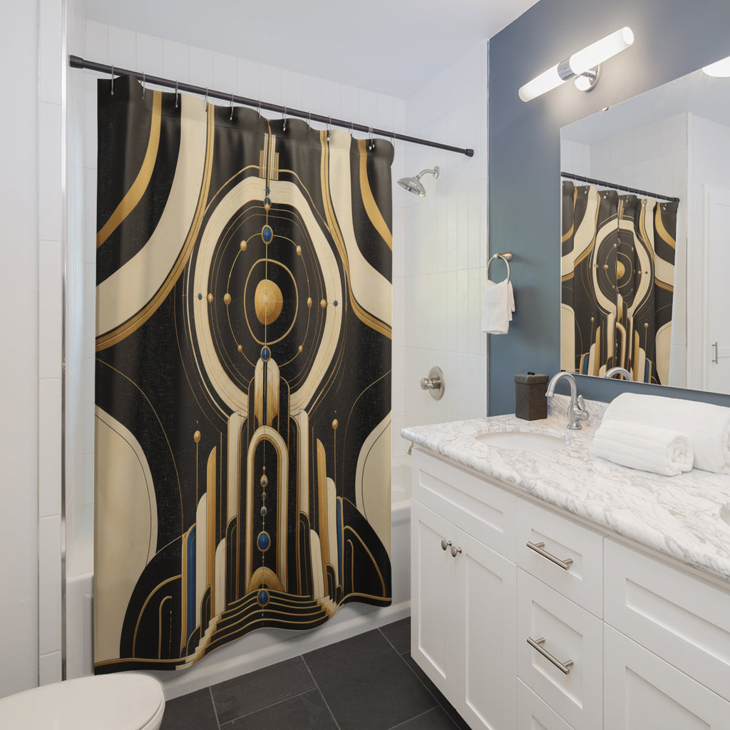 Black ivory and gold-colored Neo Art Deco orbit monument shower curtain beside a white vanity