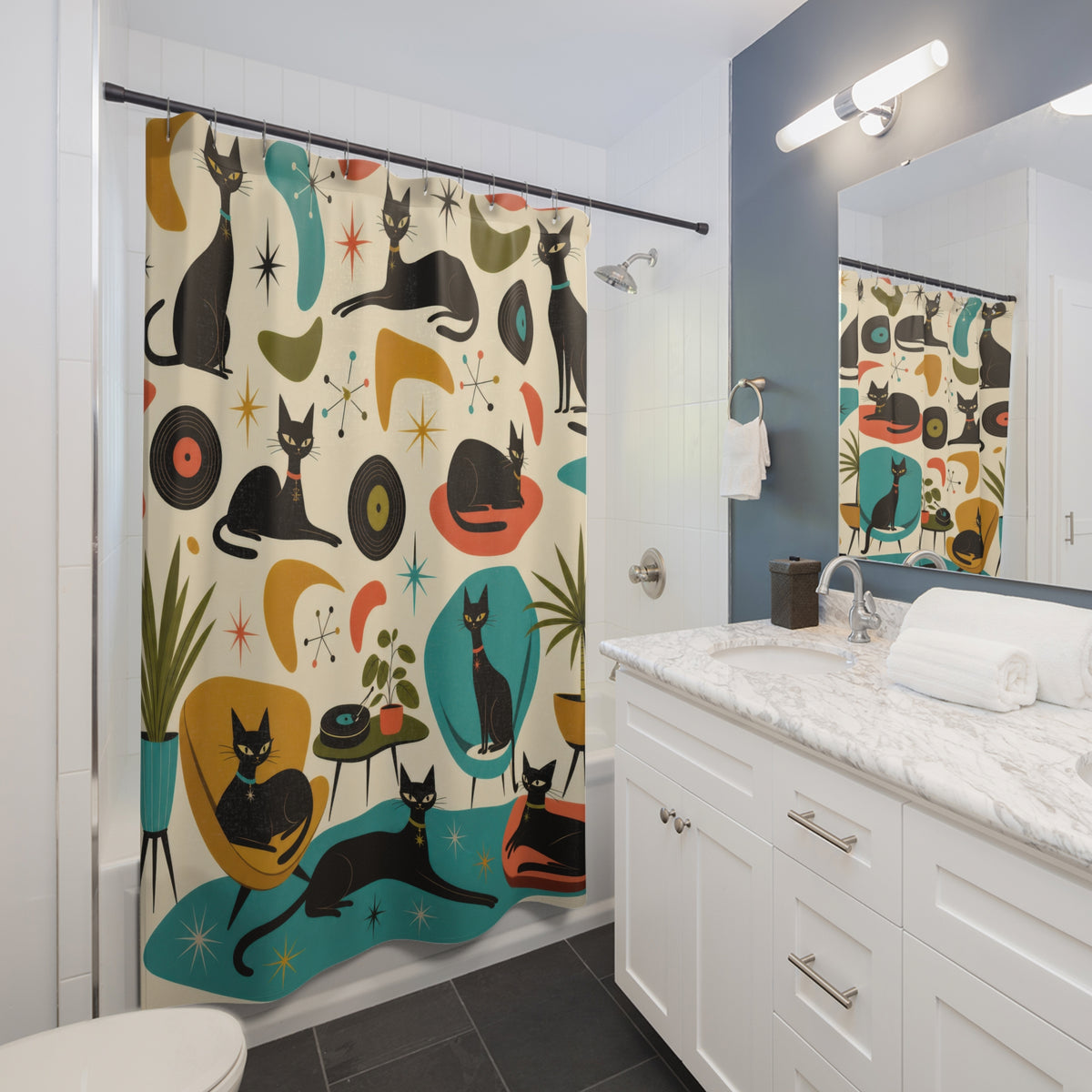 Retro Cat Mid Century Atomic Black Cats shower curtain beside a white vanity