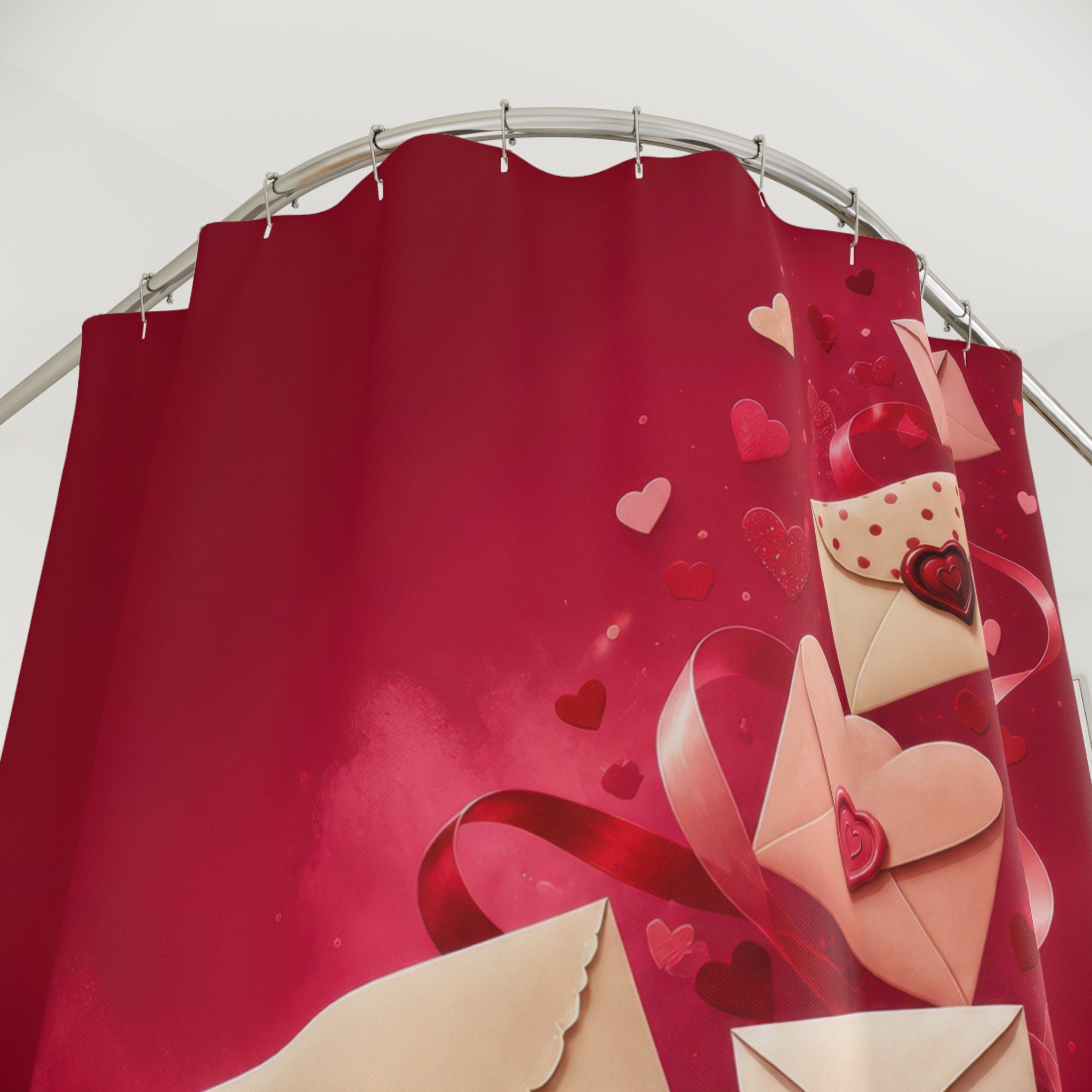 Flying love letters with heart seals and red ribbons shower curtain with close-up print, hooks, and folds