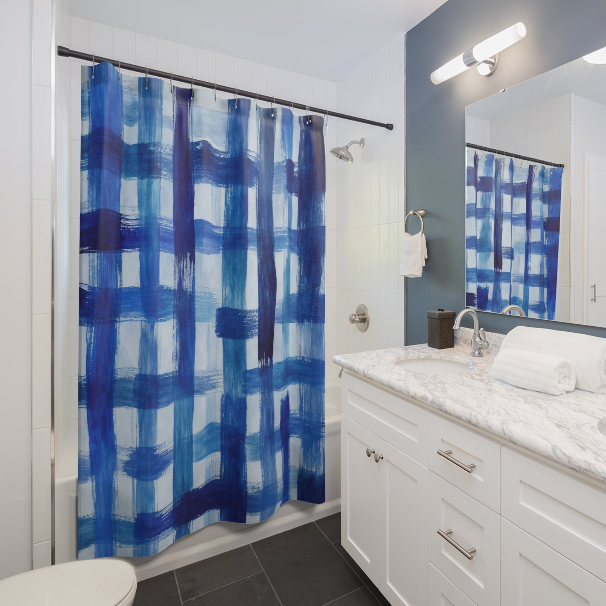 Blue Plaid Shower Curtain, Blue White Classic Bathroom Decor, Plaid Pattern Bath Curtain, Guest Bath Decor, Small Bathroom Decor, Home Decor
