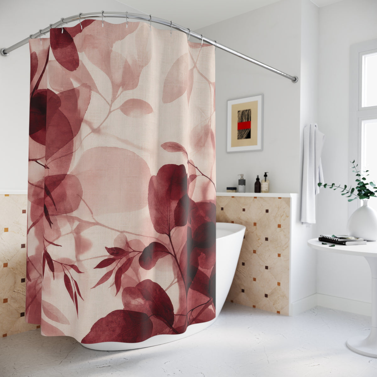 Pink Watercolor Botanical Red Floral Shower Curtain
