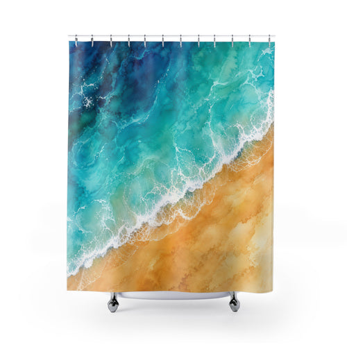 Aerial Turquoise Beach shower curtain with full front view