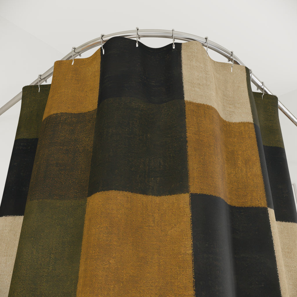 Green Plaid Shower Curtain, Brown Gold Farmhouse Bath Decor, Dark Olive Checkered Pattern, Rustic Earth Tone Guest Bathroom Decor Style