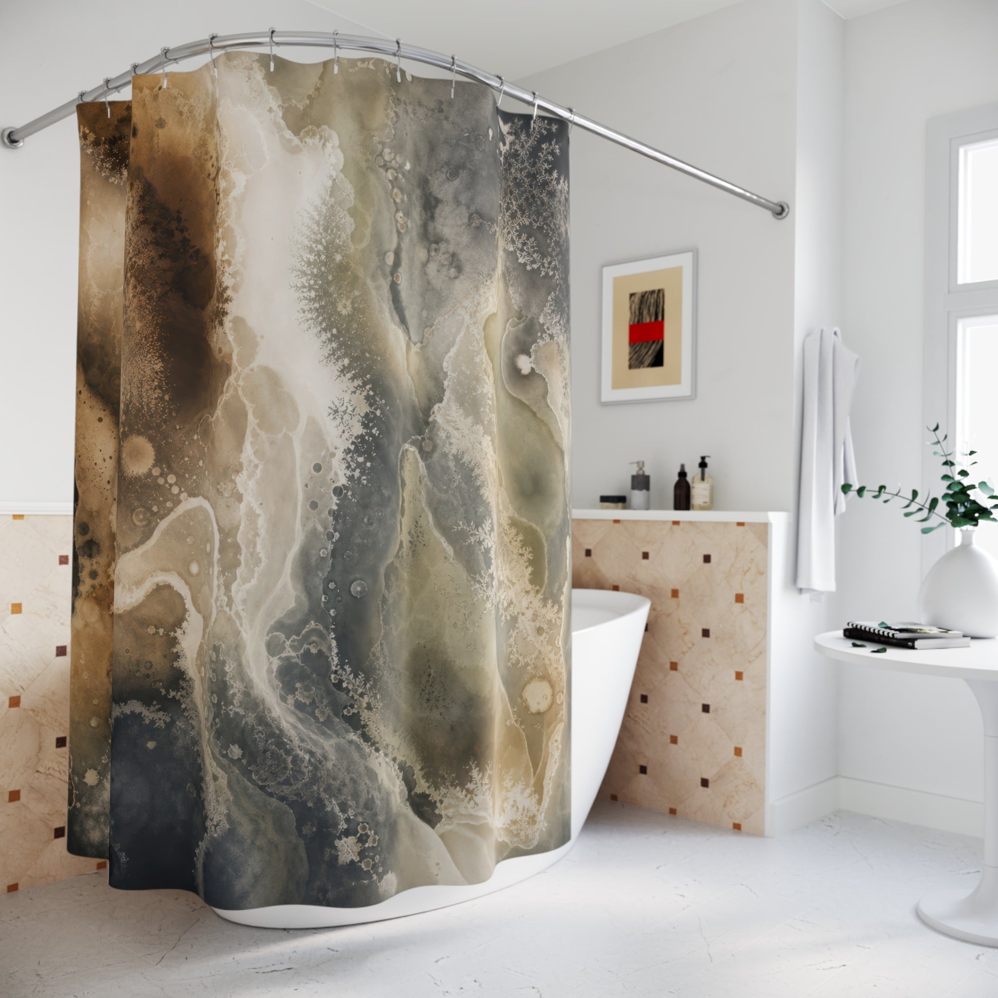 Chemigram Ivory Umber Print Abstract Shower Curtain