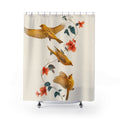 Three golden canaries flying among coral flowers on ivory shower curtain with full front view