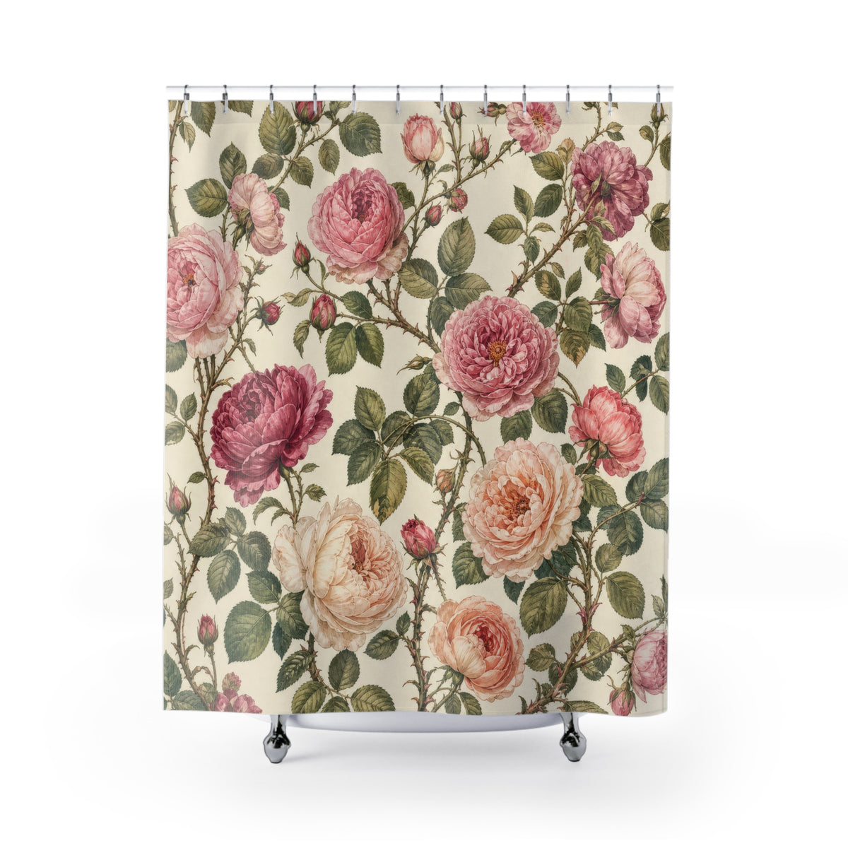 Vintage Pink Floral Botanical rose shower curtain with full front view