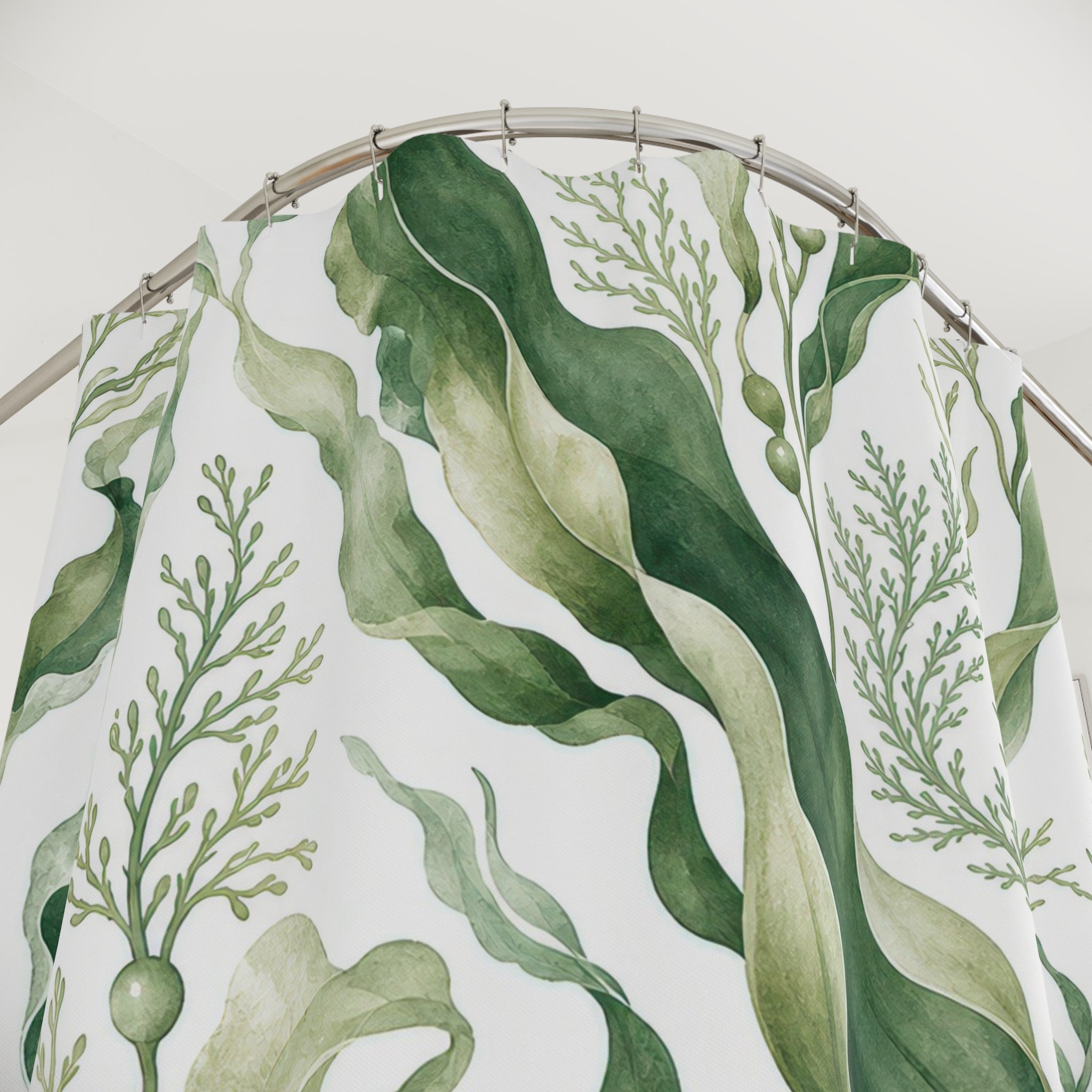 Green White Watercolor Seaweed Shower Curtain