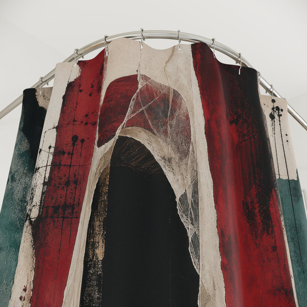 Abstract Shower Curtain, Dark Archway Art, Red Black Teal Bathroom Decor, Gothic Doorway Mood, Modern Guest Bath, Moody Wall Art Style