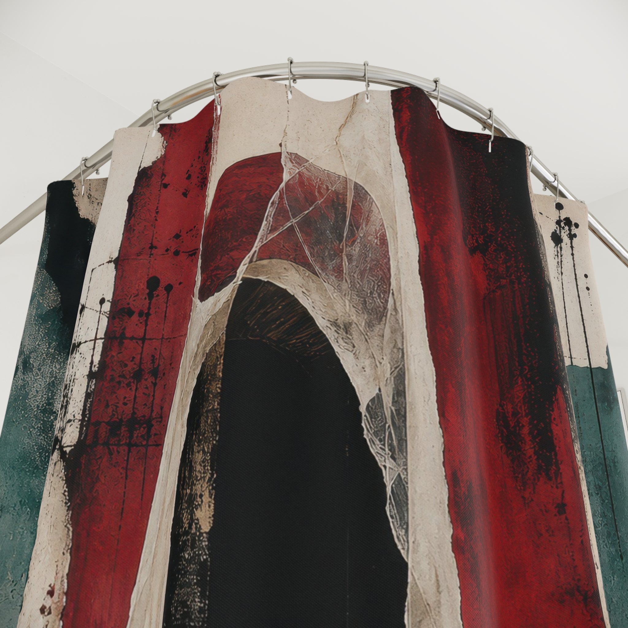 Abstract Shower Curtain, Dark Archway Art, Red Black Teal Bathroom Decor, Gothic Doorway Mood, Modern Guest Bath, Moody Wall Art Style