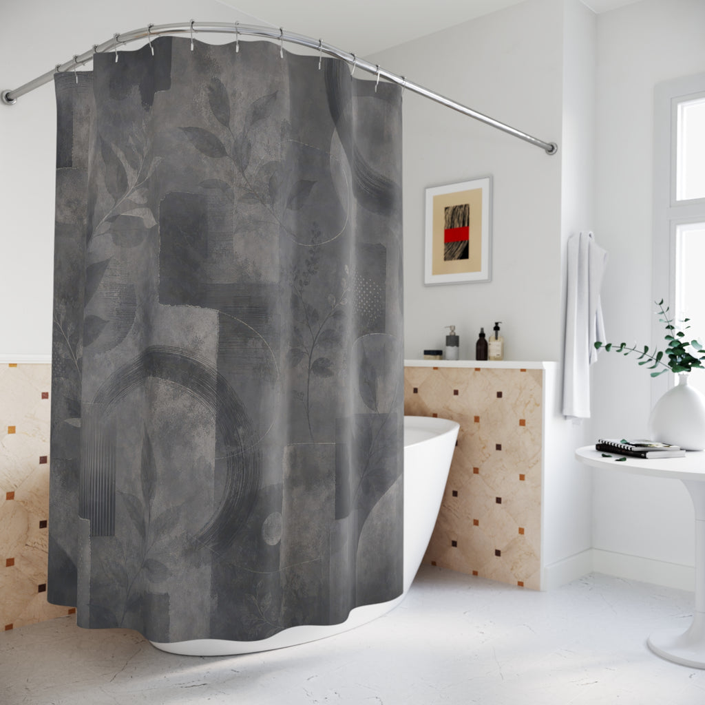 Abstract Shower Curtain, Gray Geometric Bath Decor, Botanical Collage Pattern, Modern Guest Bathroom Decor, Dark Neutral Collage Style