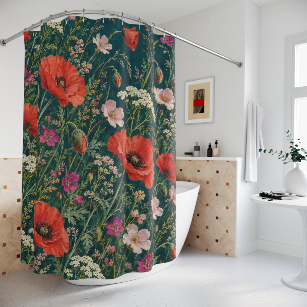 Coral poppies, pink blooms and white yarrow on deep teal shower curtain beside a freestanding tub