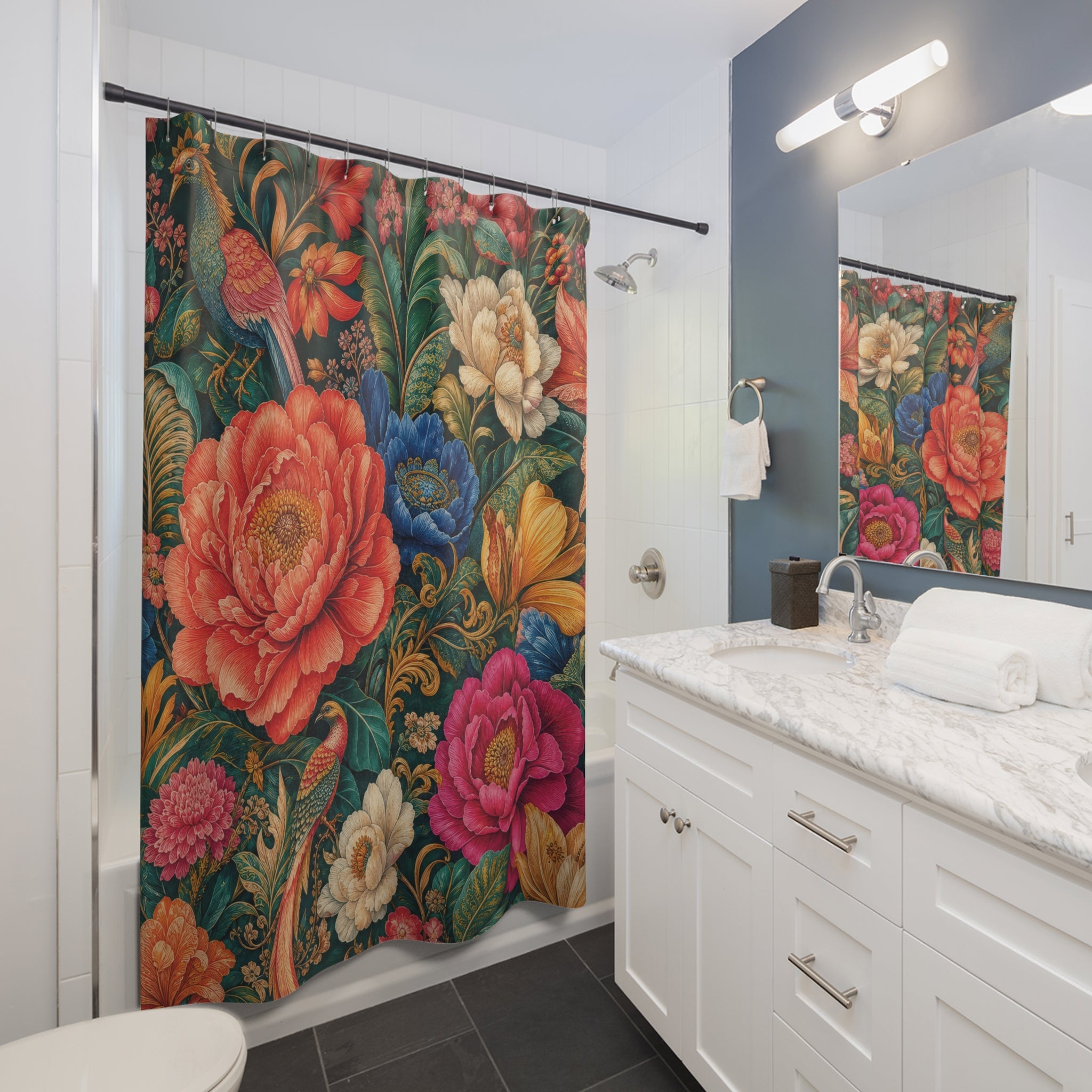 Maximalist Floral Shower Curtain: Bright Red Blue
