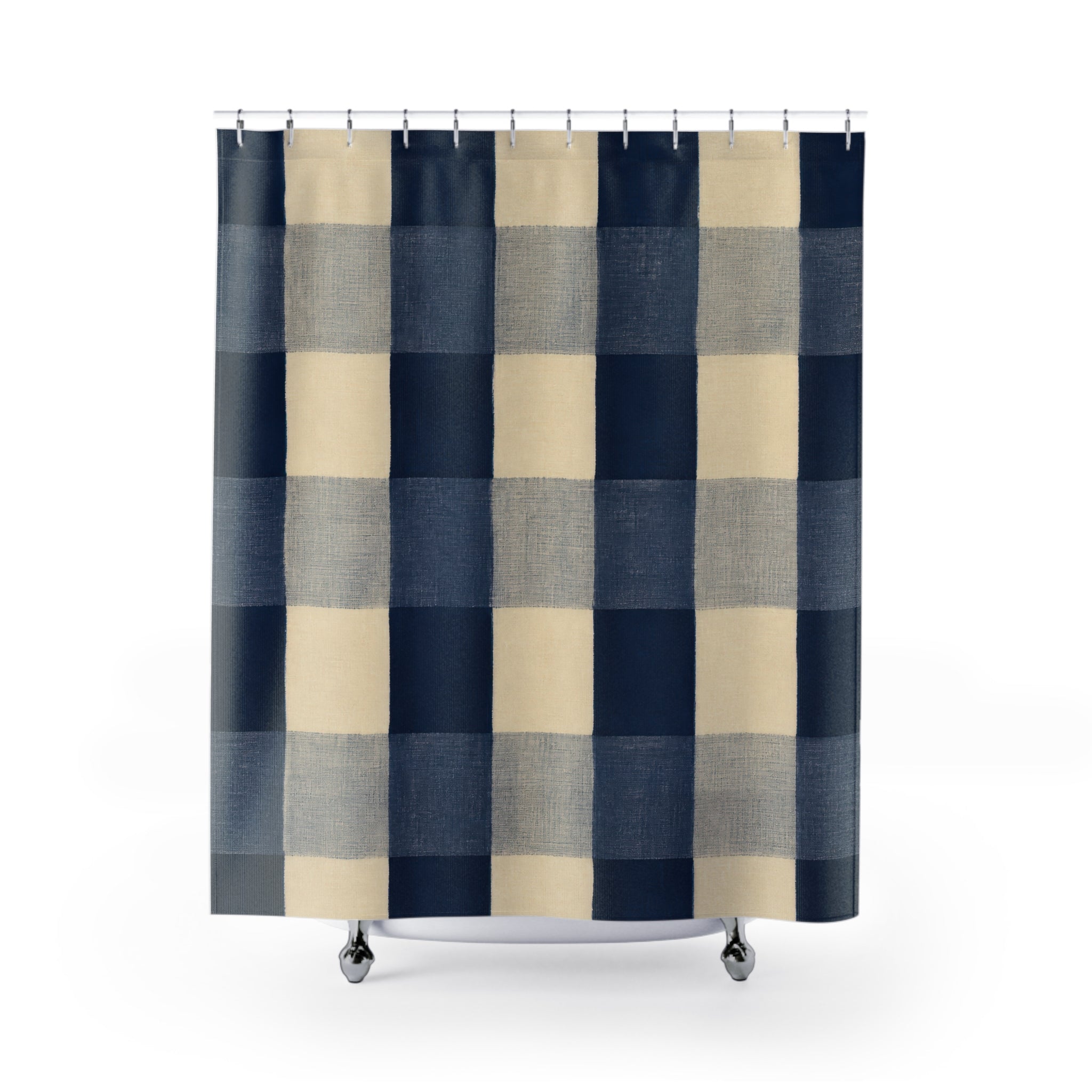 Navy Blue Cream Plaid Buffalo Check Shower Curtain