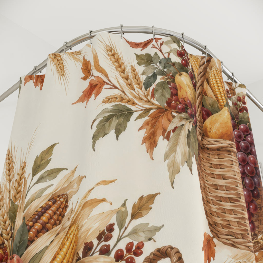 Harvest baskets with corn, pears and grapes on cream shower curtain with close-up print, hooks, and folds