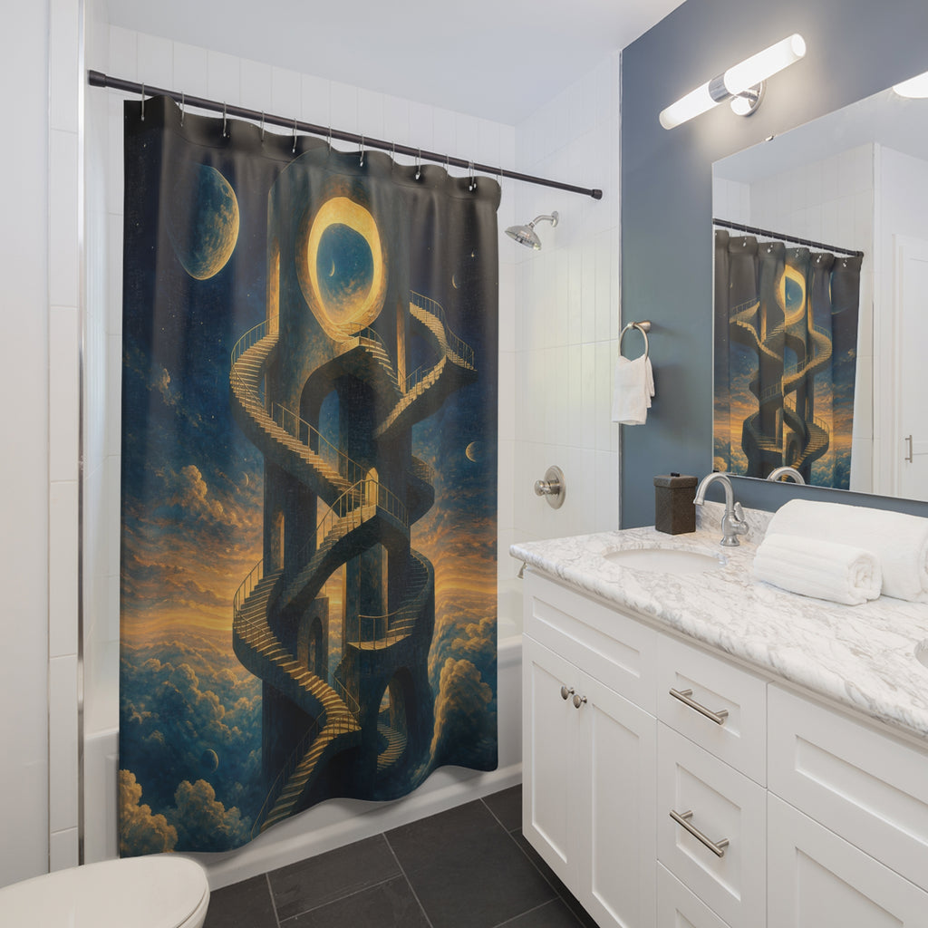 Golden staircase in a celestial tower shower curtain beside a white vanity
