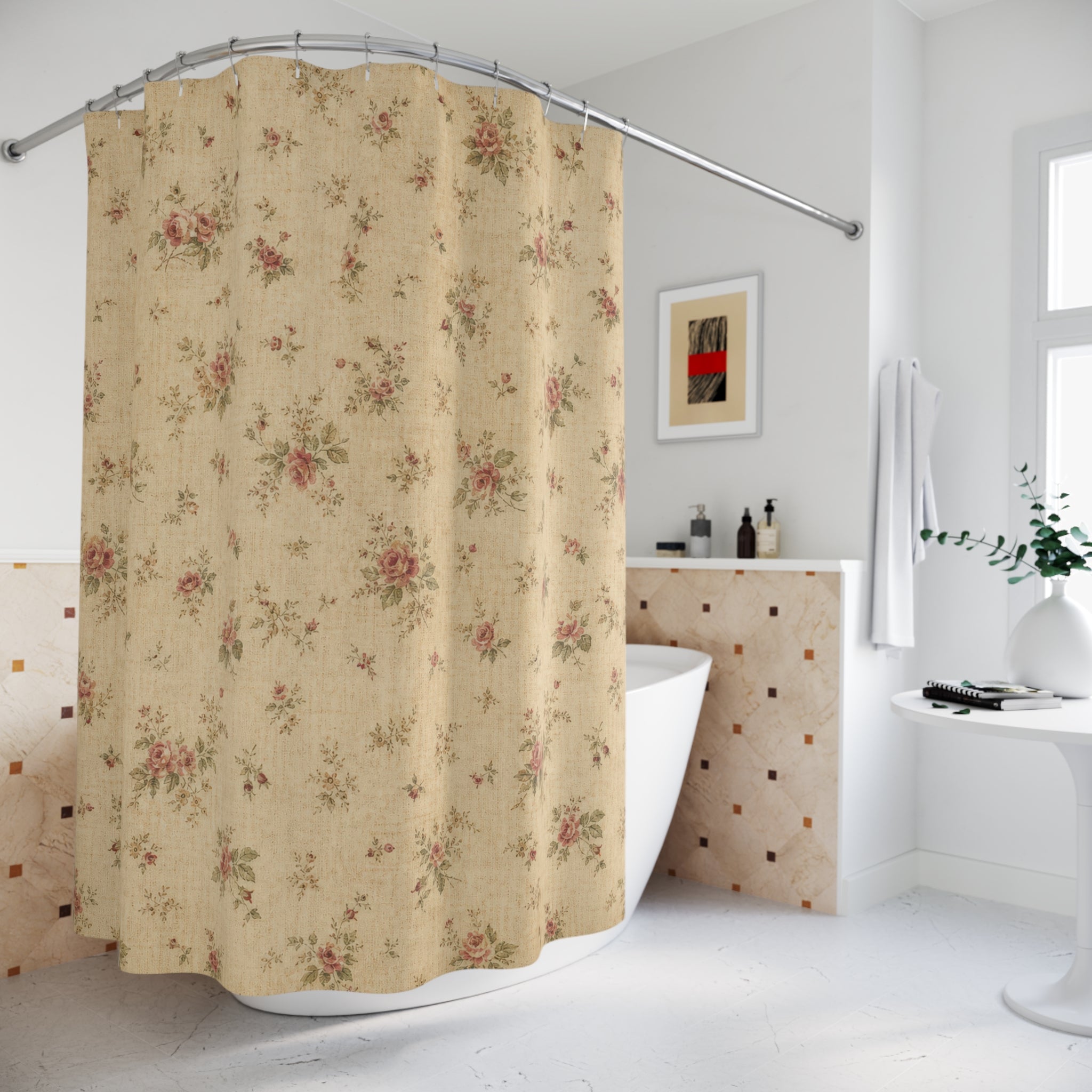 Beige Farmhouse Vintage Floral Shower Curtain