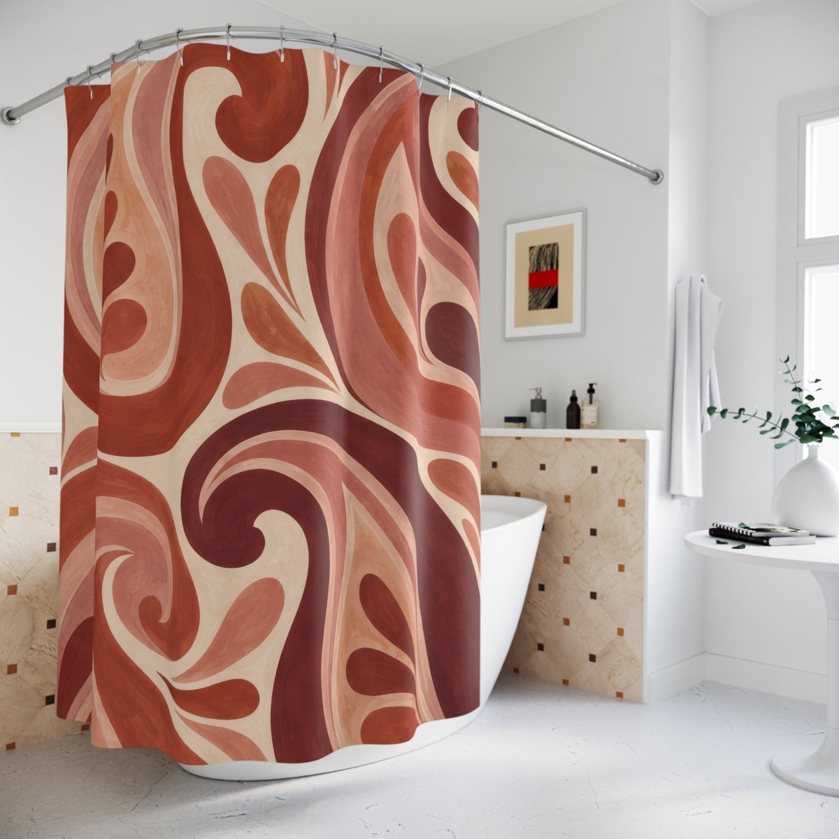 Oversized terracotta, blush and wine paisley curls shower curtain beside a freestanding tub