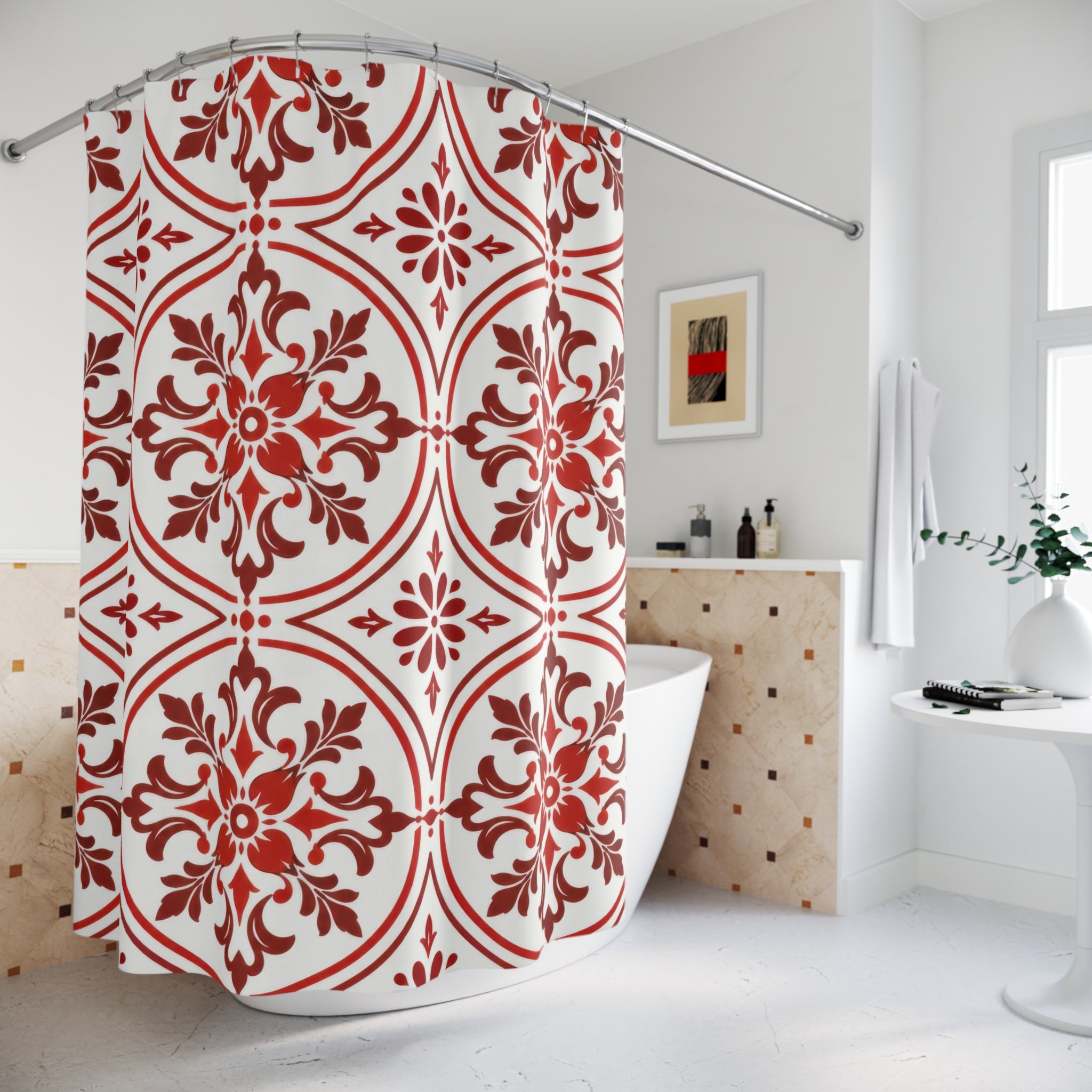 Red White Moroccan Tile Shower Curtain