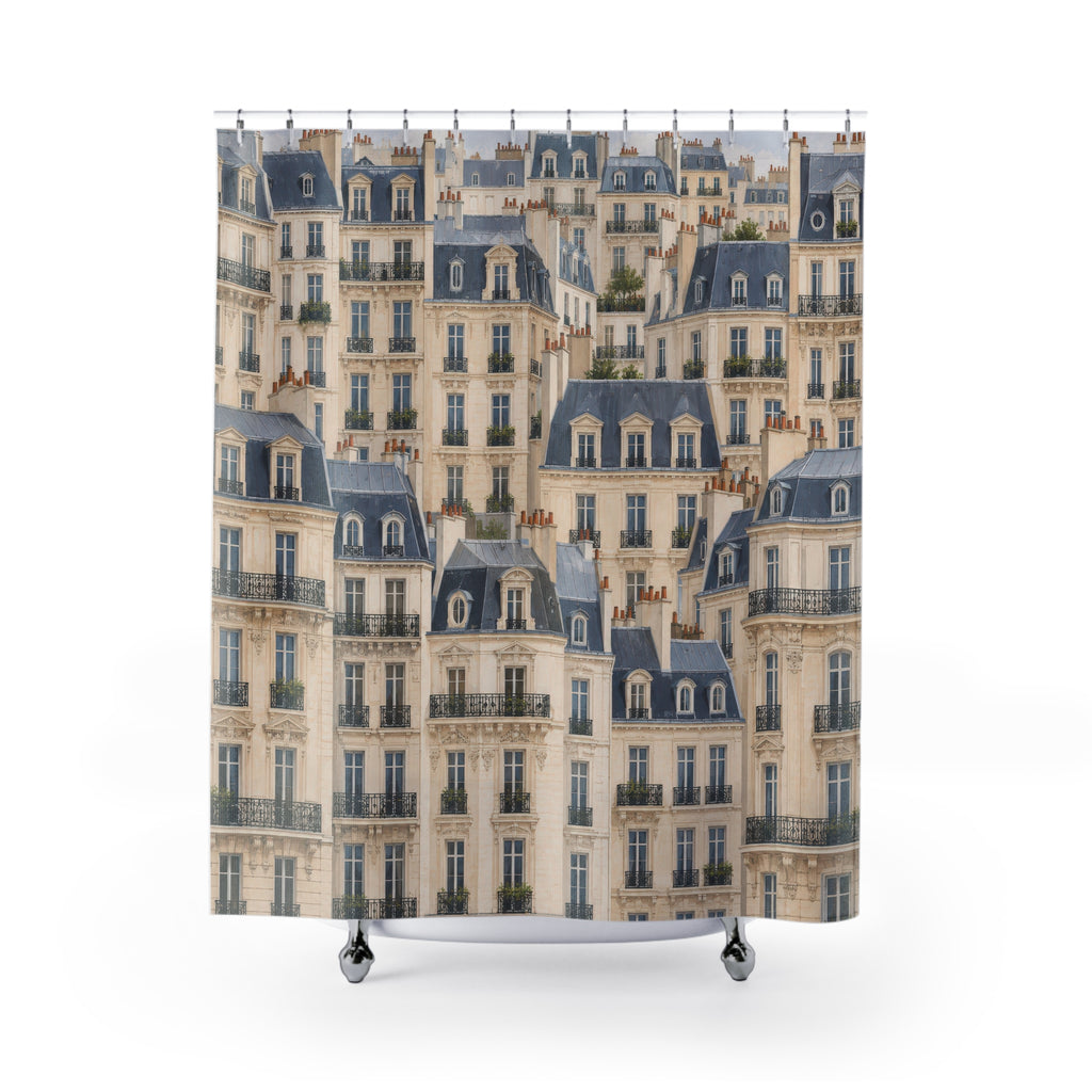 Cream Paris façades with slate roofs and dark balconies shower curtain with full front view
