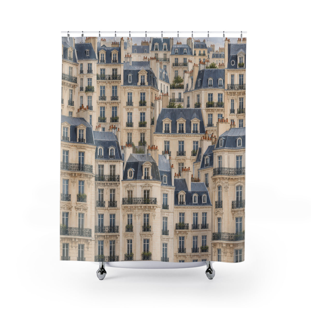Cream Paris façades with slate roofs and dark balconies shower curtain with full front view