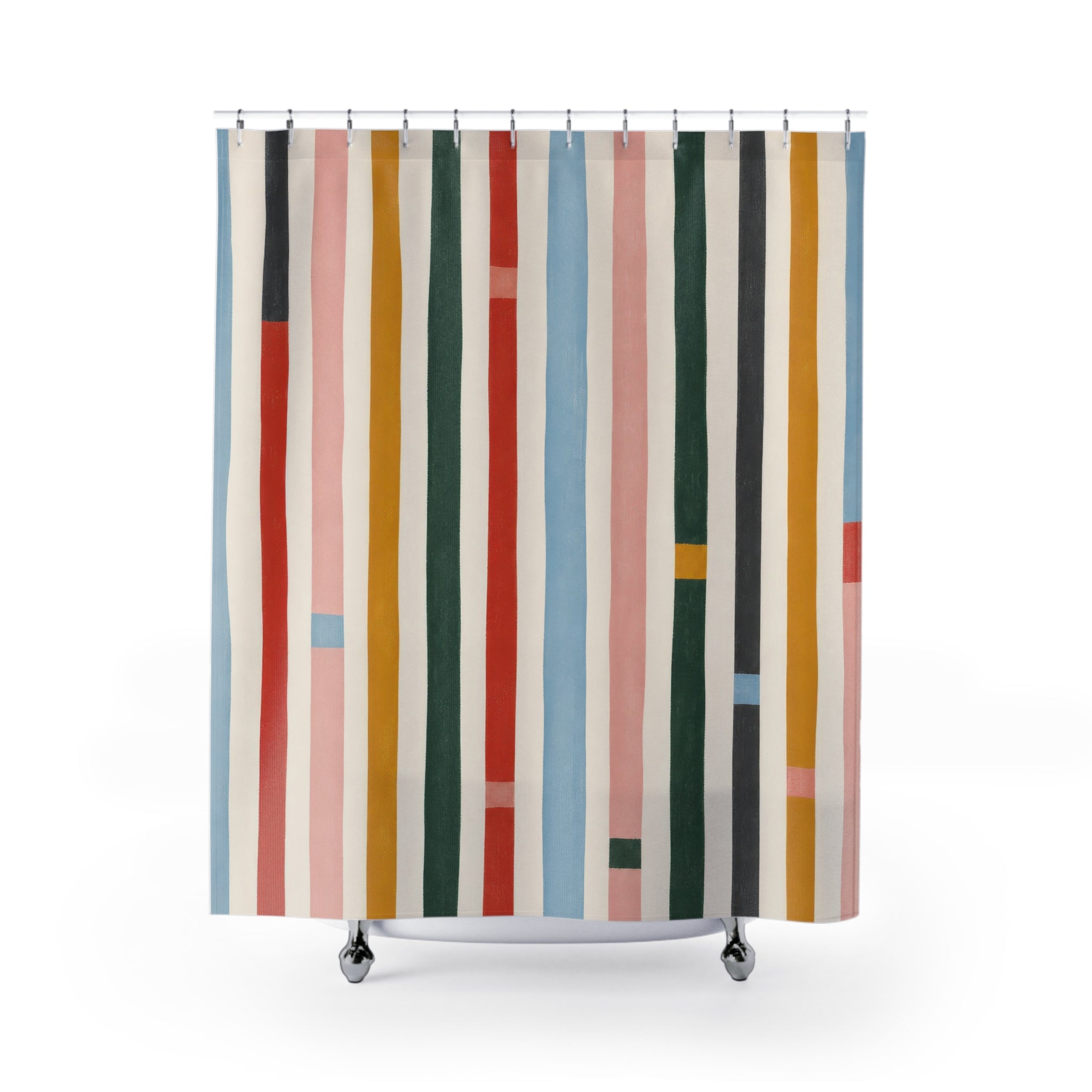 Coral Sage Mustard Vertical Stripe Shower Curtain