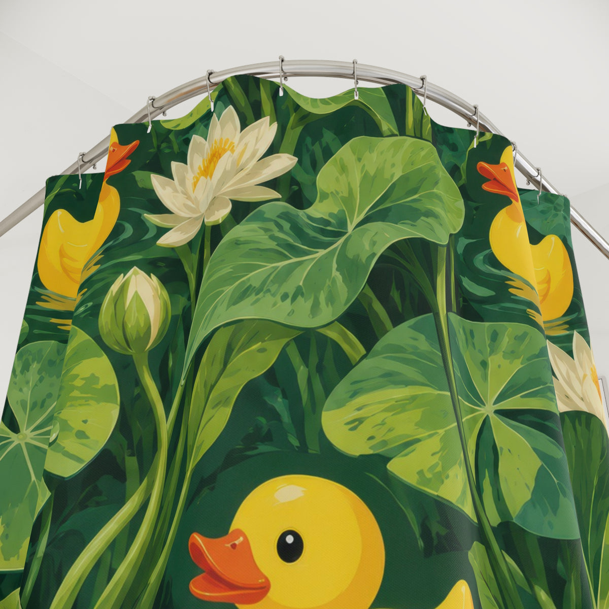 Rubber ducks among green lily pads and white water lilies shower curtain with close-up print, hooks, and folds