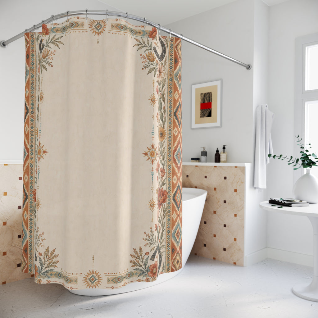 Western Boho Border Shower Curtain, Desert Floral Bath Decor, Terracotta Turquoise Diamond Frame, Rustic Guest Bathroom Style Decor
