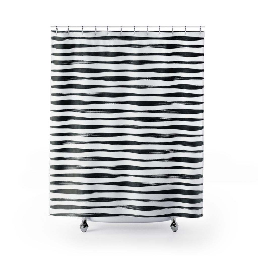 Horizontal black brush stripes with white dry-ink streaks shower curtain with full front view