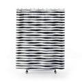 Horizontal black brush stripes with white dry-ink streaks shower curtain with full front view