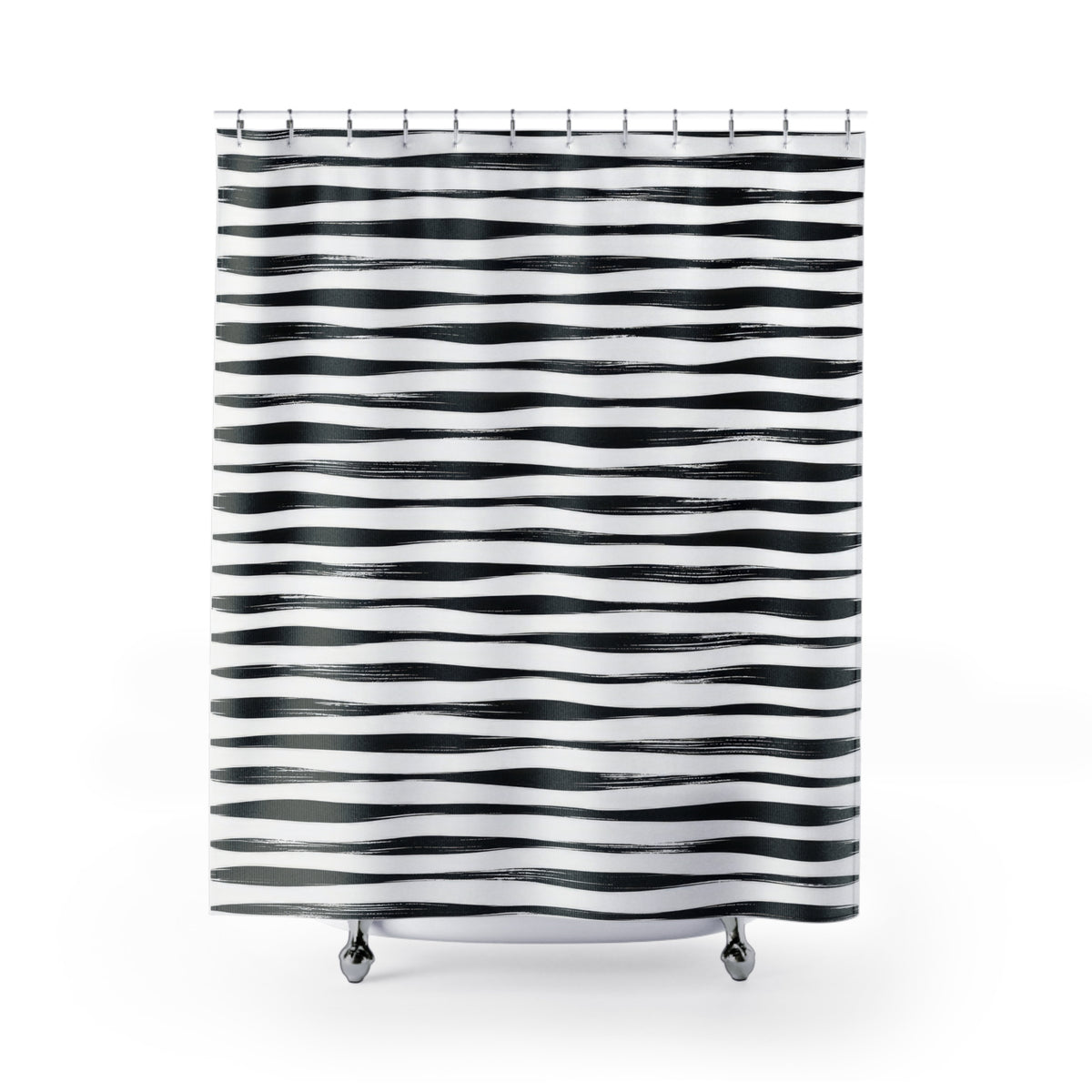 Horizontal black brush stripes with white dry-ink streaks shower curtain with full front view