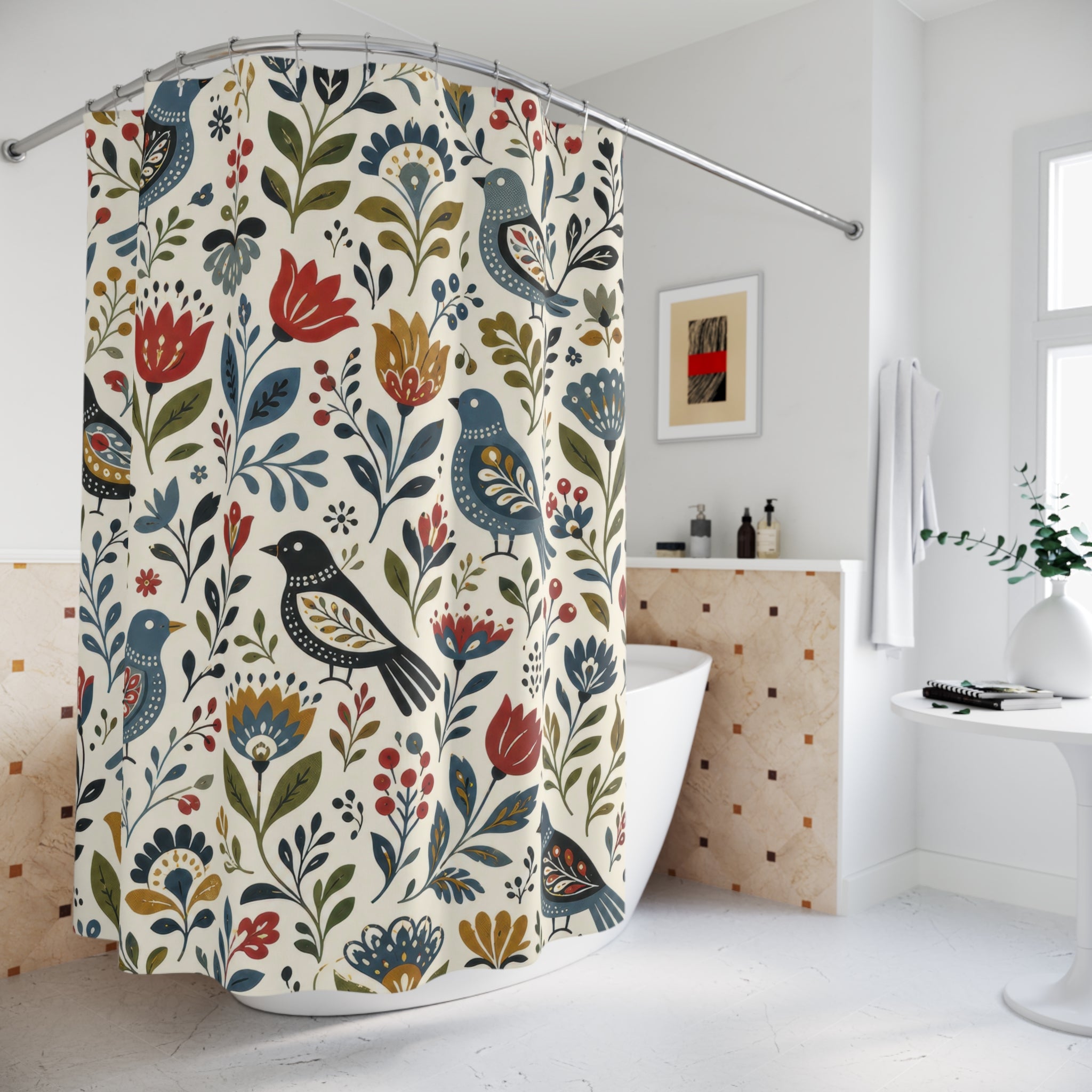 Bird Floral Garden Folk Art Shower Curtain