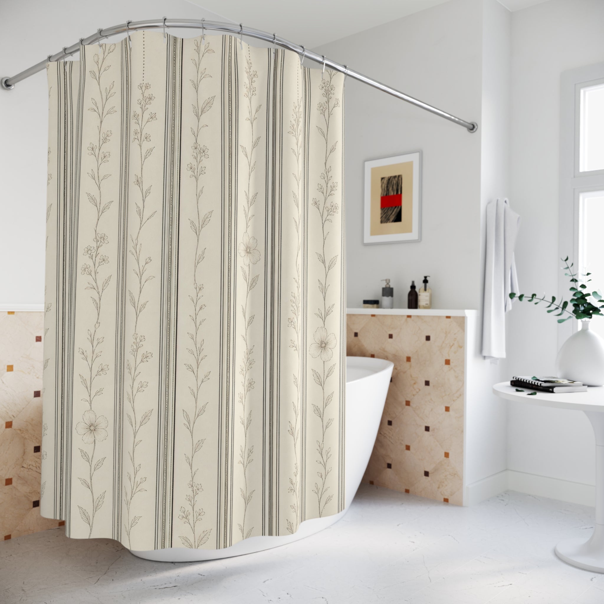 Beige Ivory Leaf Stripe Shower Curtain