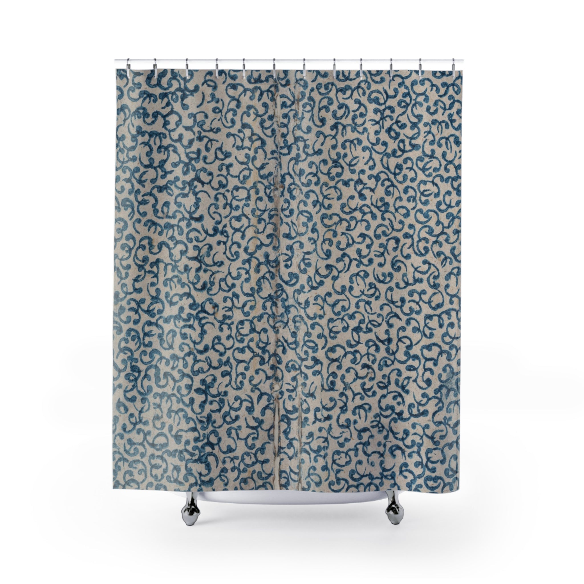 Blue Scroll Shower Curtain – Cream Vintage Print