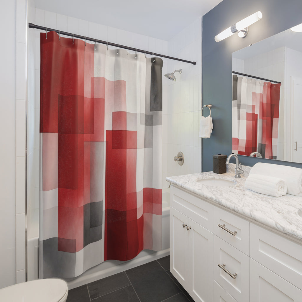Red Gray Block Geometric Shower Curtain