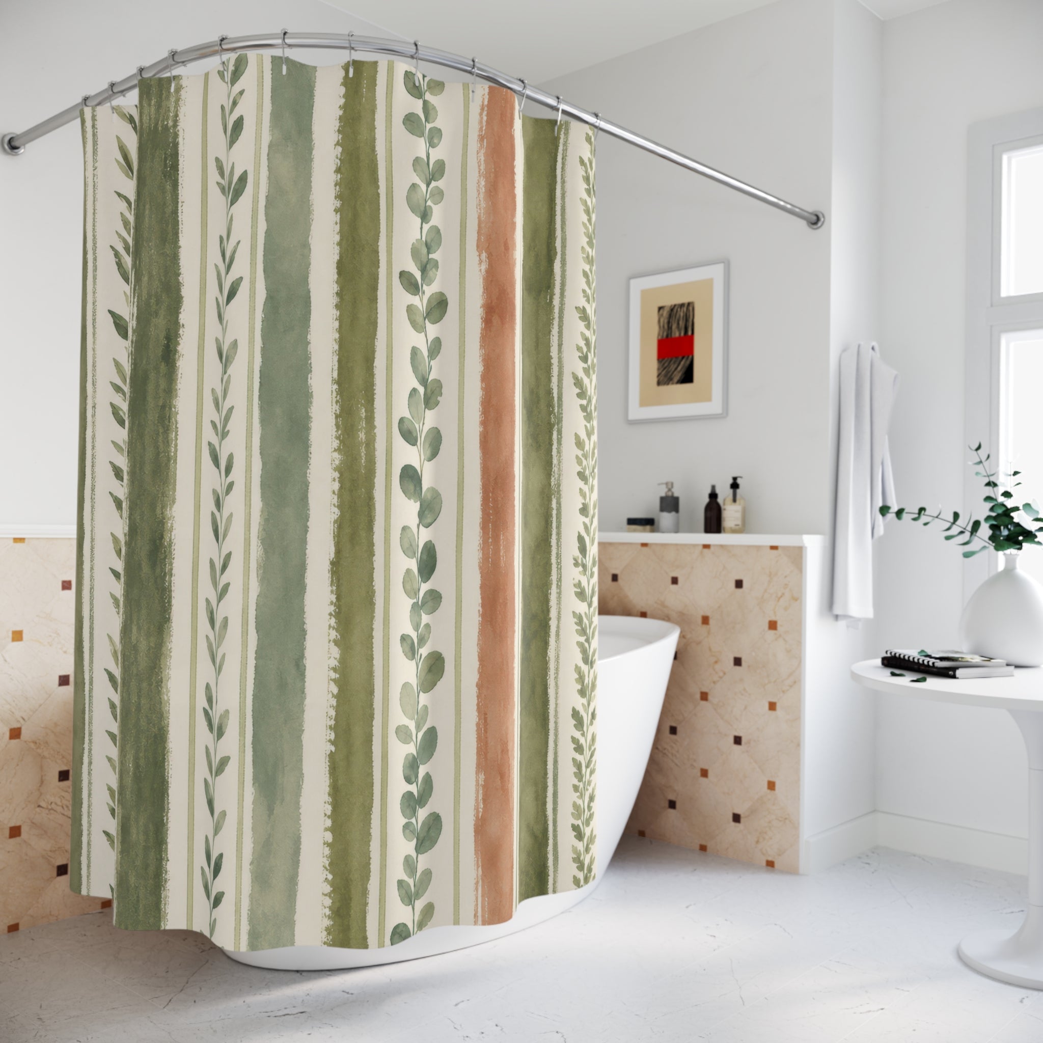 Sage Green Leaf Stripe Shower Curtain