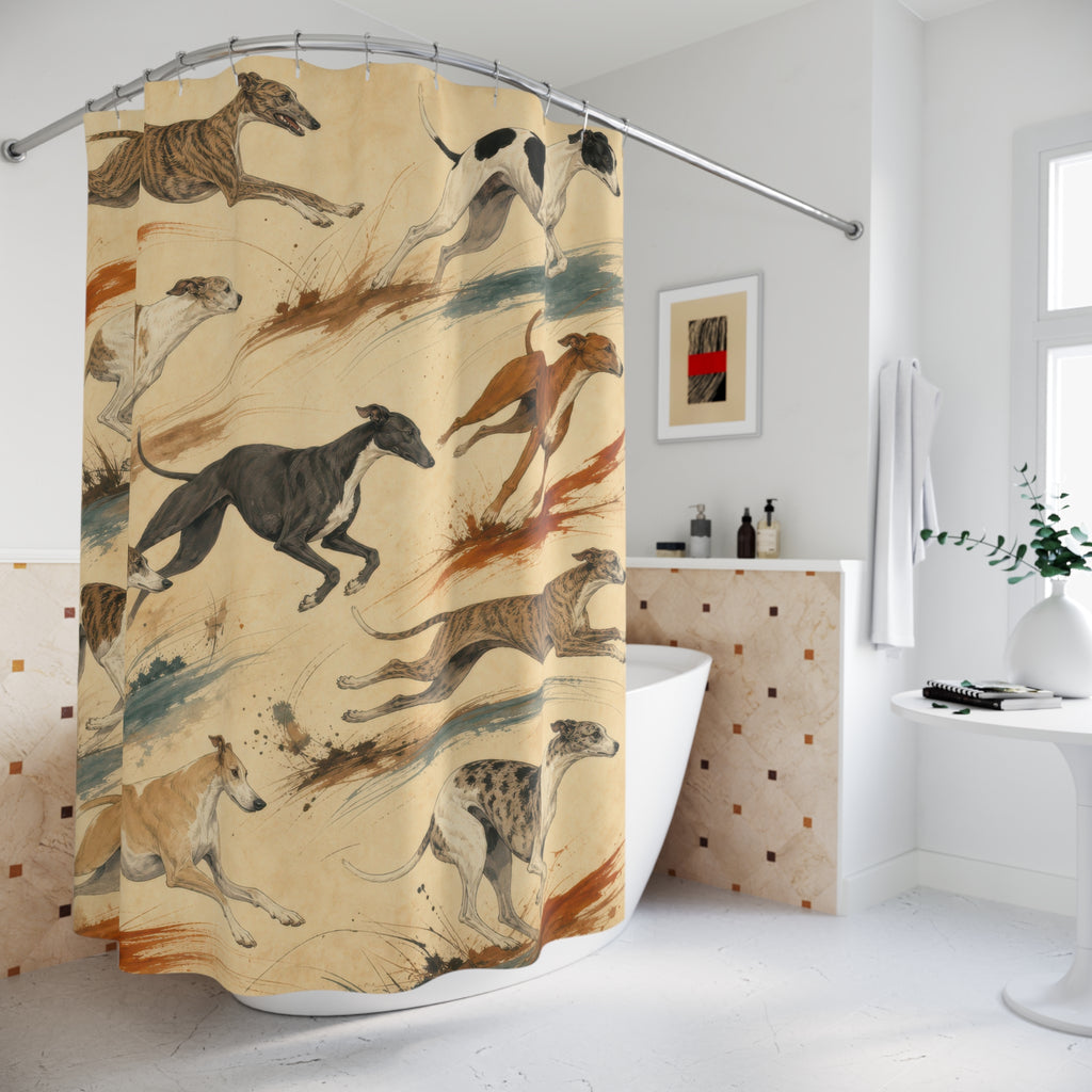 Running whippets with rust and teal brushstrokes shower curtain beside a freestanding tub