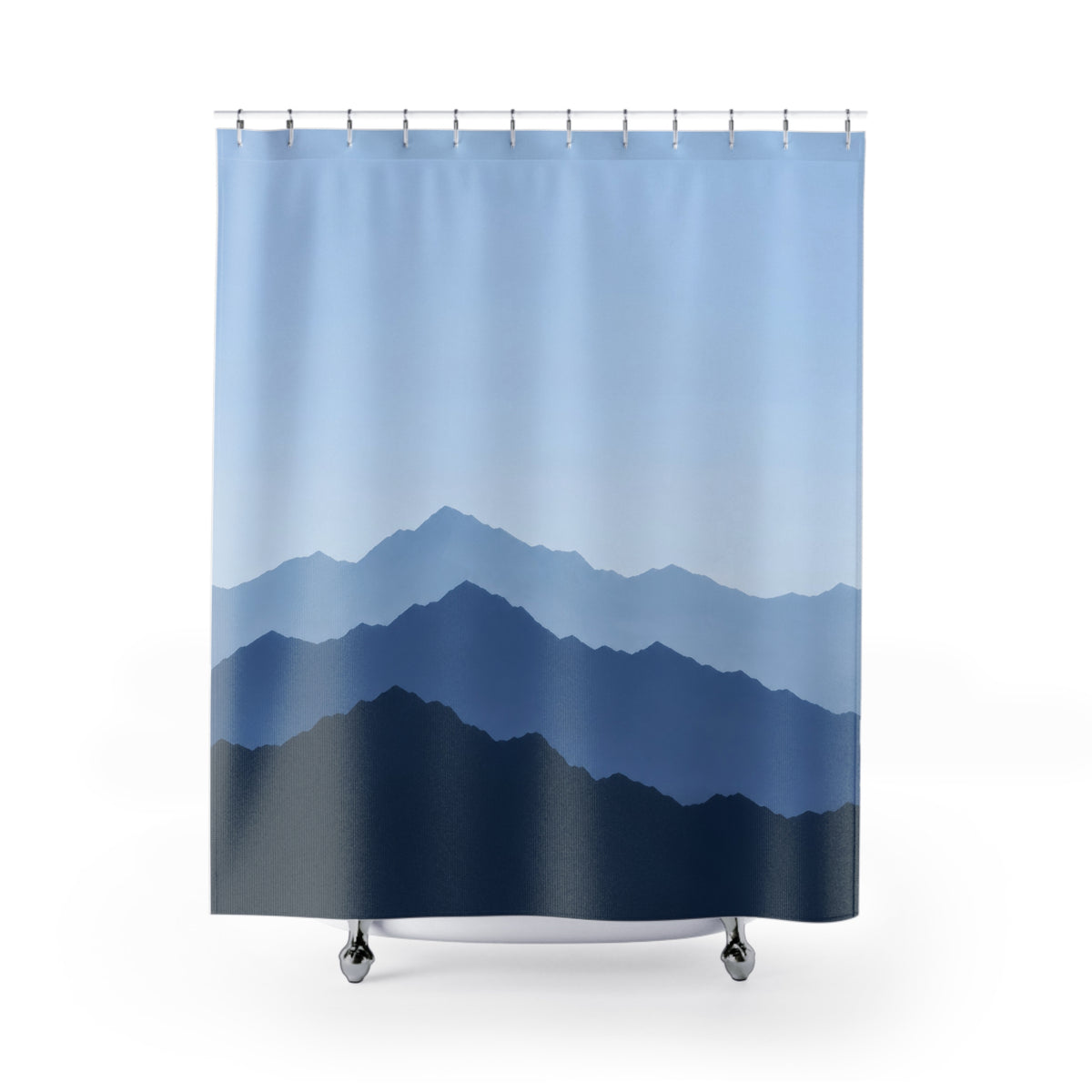 Layered pale blue, slate and indigo mountain ridges shower curtain with full front view