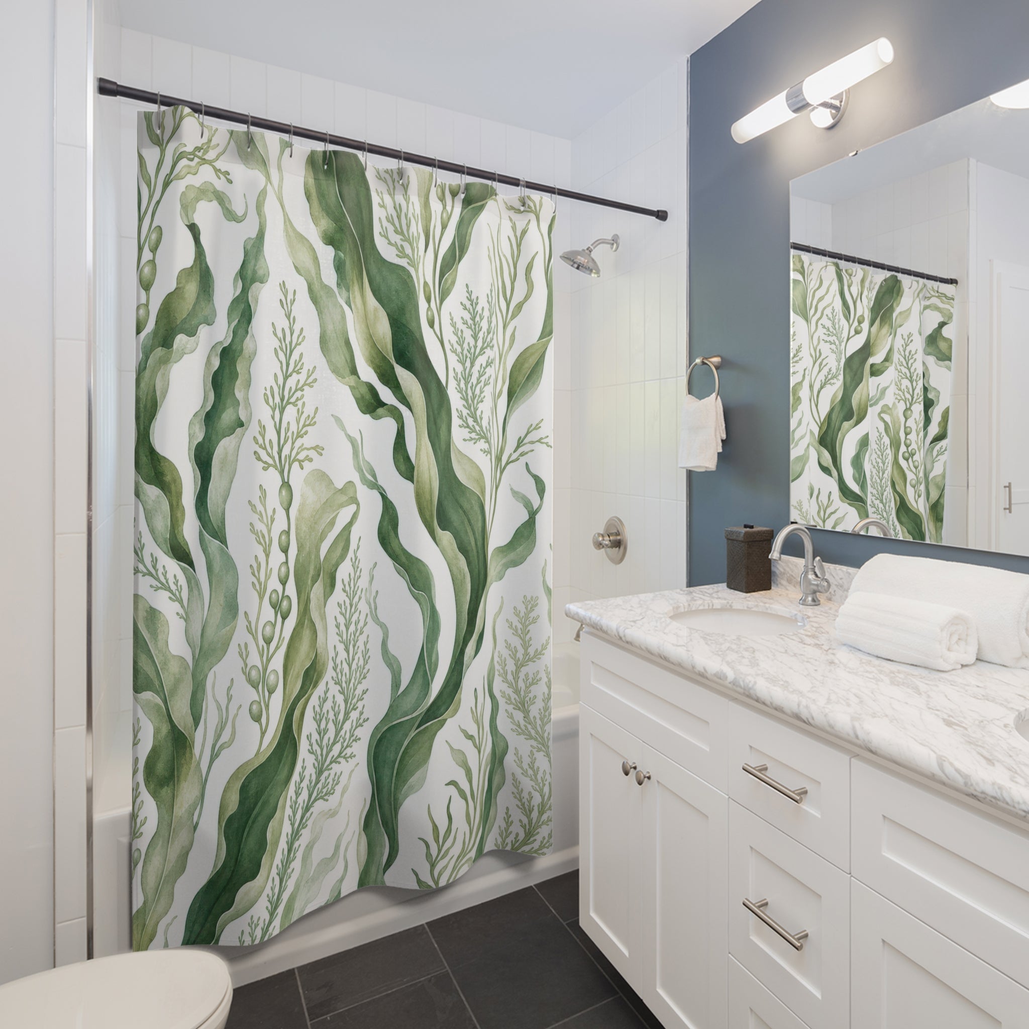 Green White Watercolor Seaweed Shower Curtain