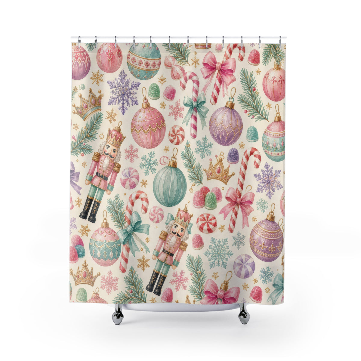 Pastel Nutcracker Ornament christmas pattern shower curtain with full front view
