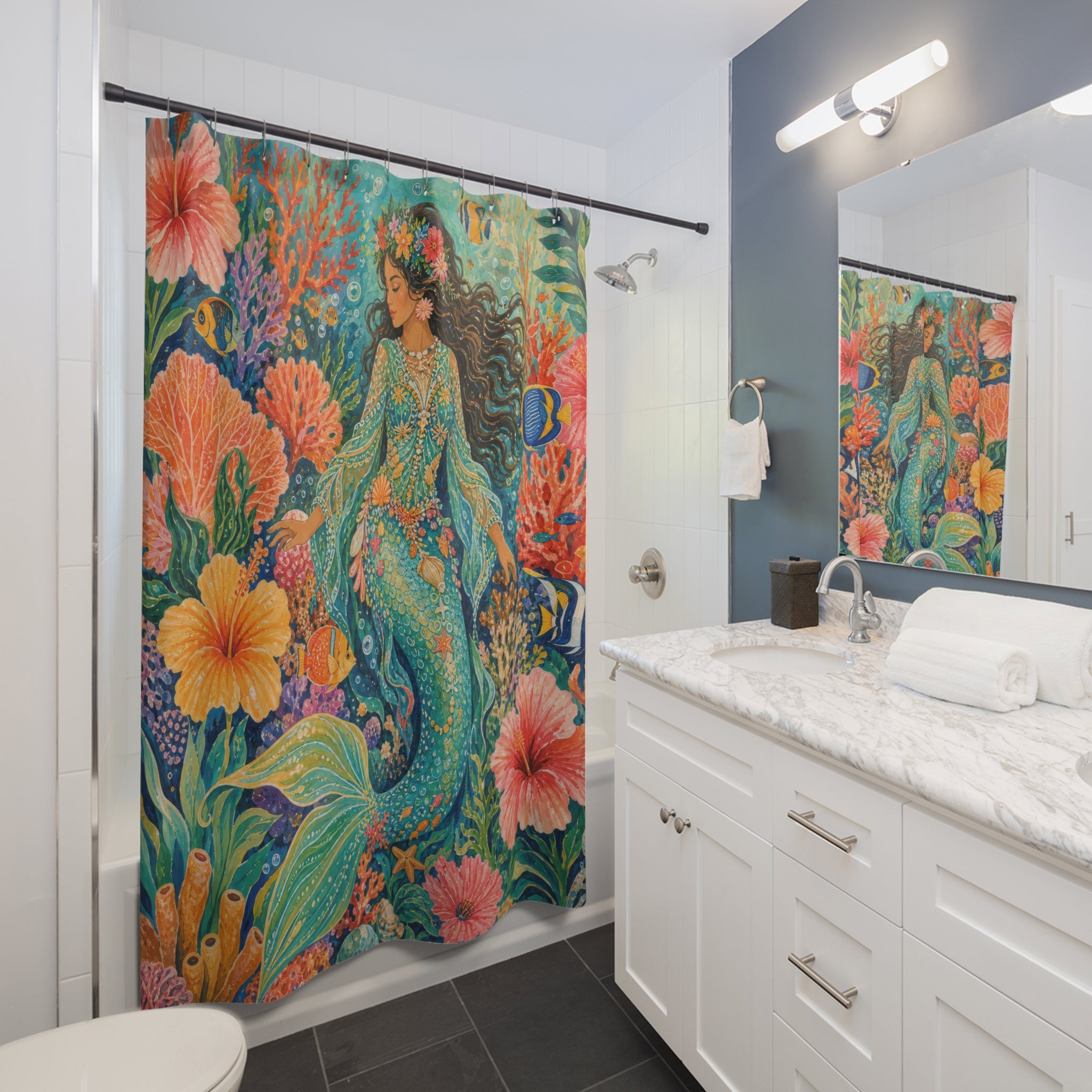Mermaid Floral Ocean Shower Curtain